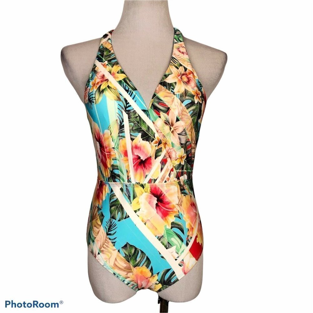 Jantzen Swimsuit Tropical Wrap One Piece Size 6 Colorful Deep V Plunge